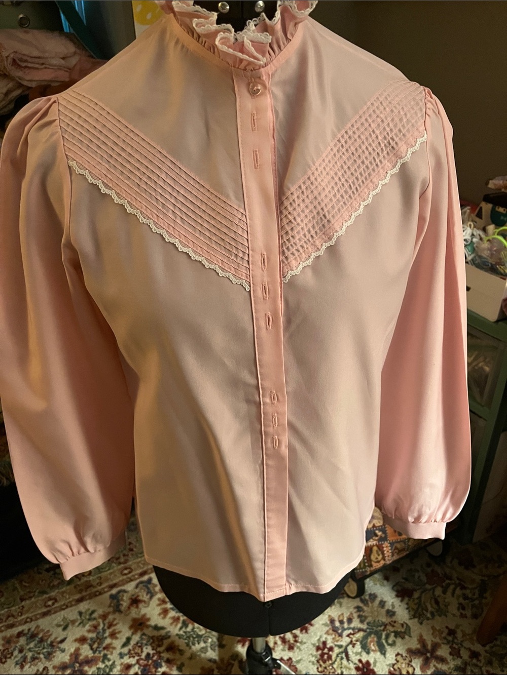 Vintage Pink Lace-Trim Blouse